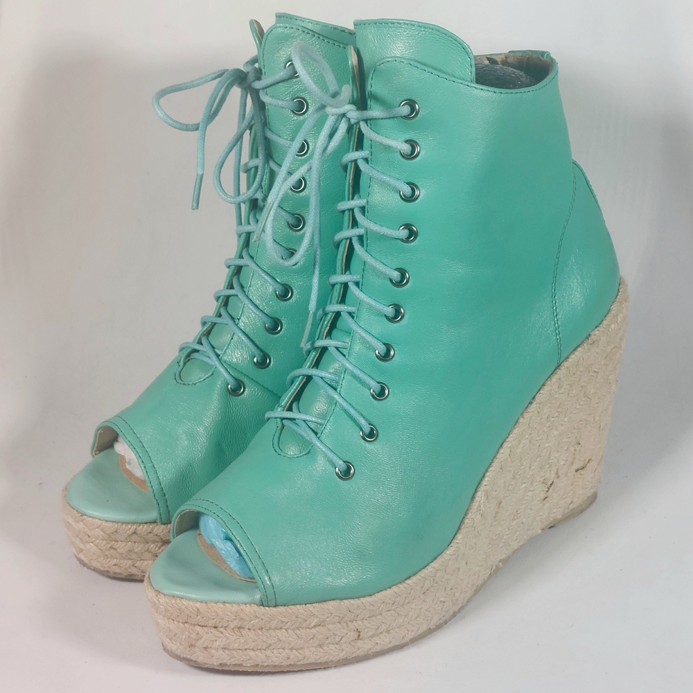 Ego & Greed Lace-Up Turquoise Leather Espadrille Wedge Booties, W10, EUC